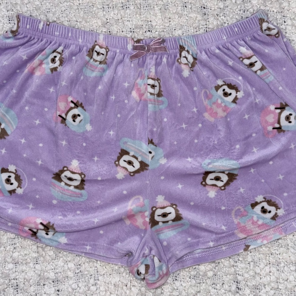 Cozy Purple Hedgehog Teacup Fleece Sleep Shorts XL